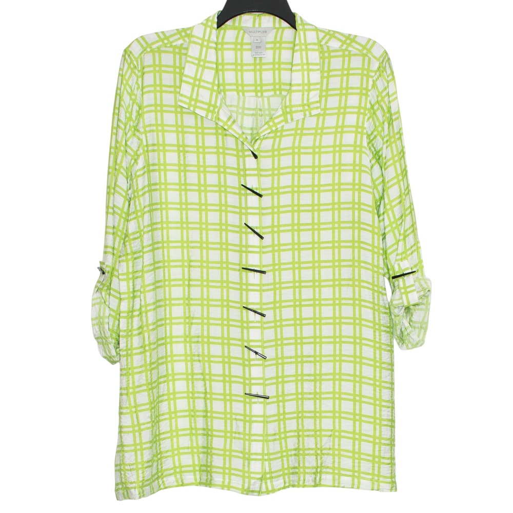 NWT 3/4 Sleeve Button Top Plaid Lightweight Tunic Preppy Coastal Green White XL